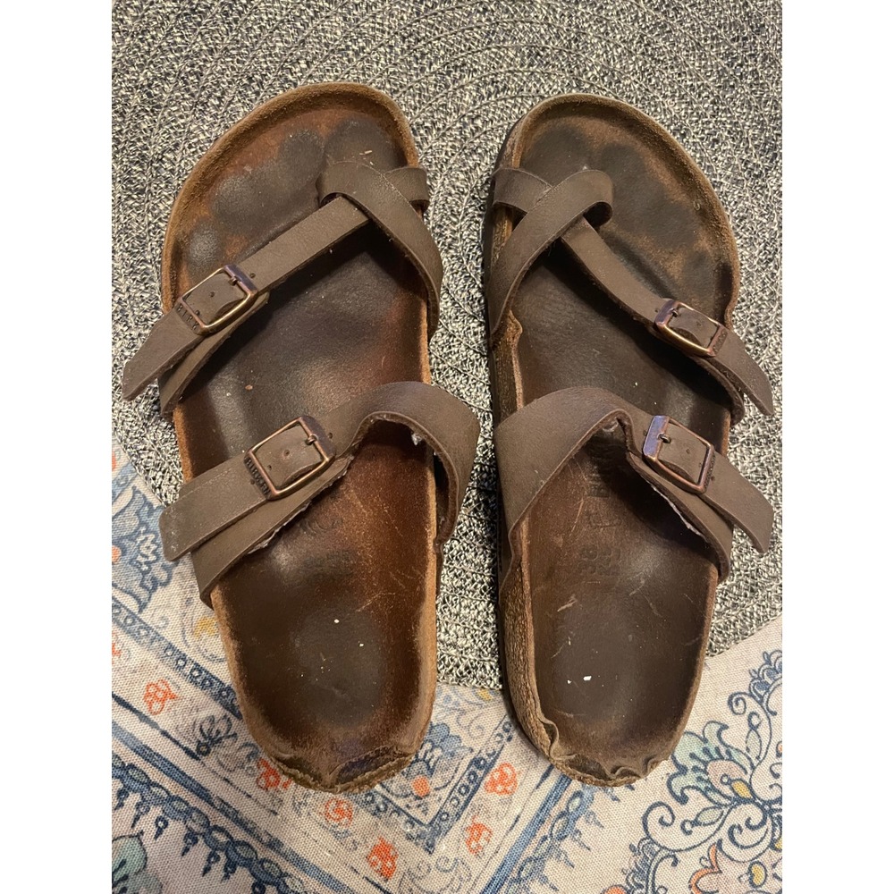 Birkenstock Mayari Brown Birko-Flor Sandals Toe Loop Strappy Slides Womens 38